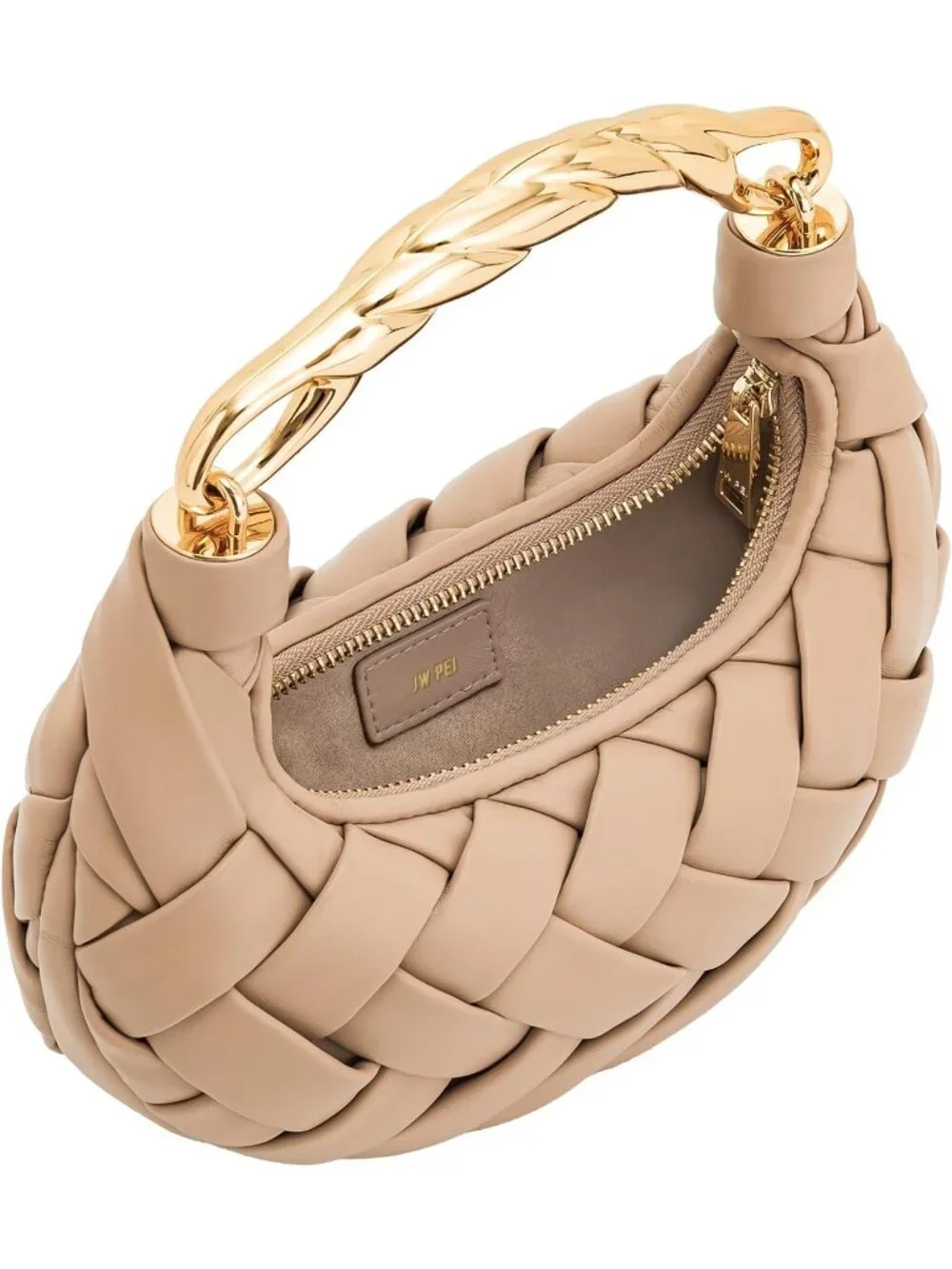 👜Women's Almond Orla Woven Top Zipper Handle Bag Gold Twist Handle Purse
